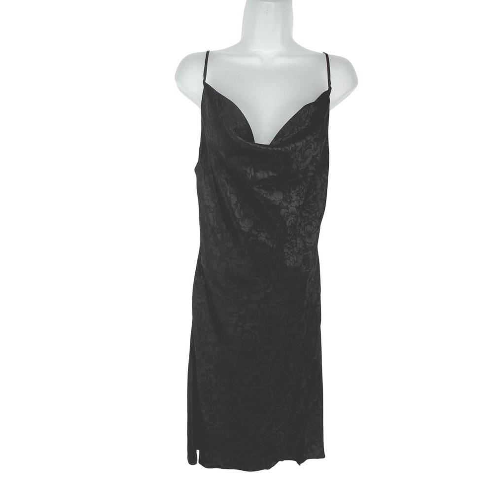 Kittenish Black Floral Jacquard Cowl Neck Satin Midi Slip Dress Medium Y2K 90s